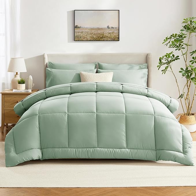 CozyLux Twin XL Comforter Set Sage Green, 5 Pieces Twin Extra Long Bed in a Bag for College Dorm, All Season Bedding Set with Stitch Quilted Comforter, Flat Sheet, Fitted Sheet, Pillowcases