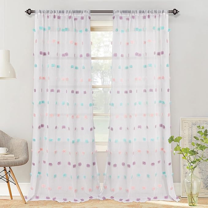 MYSKY HOME Living Room Curtains for Window Rainbow Pom Pom Curtains 120 Inch Length Long for Bedroom Set of 2 Semi White Sheer Curtains Parties Farmhouse Rod Pocket Boho Backdrops 37" x 120"