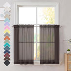 OVZME Brown Sheer Curtains 36 inches Long, Short Kitchen Window Treatment Solid Sheers Cafe Curtains Tiers Voile Half Window Curtains 2 Panels for Kitchen Room Laundry, Rod Pocket, 42" Wx36 L