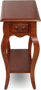 Leick Home Side Table, One Drawer, French Cabriole Leg, Shelf, Solid Poplar, Brown Cherry Finish, 12.5 in W x 23.5 in D x 24 in H, 9018-BR