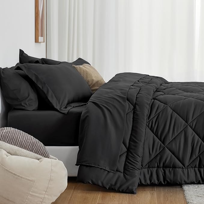Love's cabin Twin Comforter Set Black, 5 Pieces Twin Bed in a Bag, All Season Twin Bedding Sets with 1 Comforter, 1 Flat Sheet, 1 Fitted Sheet, 1 Pillowcase and 1 Pillow Sham