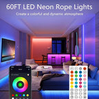 60FT Neon Rope Lights,Flexible Led Light Control with App/Remote,Multiple Modes,IP67 Outdoor Waterproof,Music Sync Strip for Bedroom