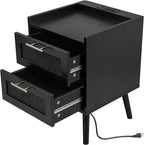 Finnhomy Nightstand with Charging Station, Bedside Table with 2 Hand Made Rattan Decorated Drawers, Night Stand with Storage for Bedroom, Full Black, Set of 2