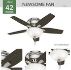 Hunter Fan Company, 51082, 42 inch Newsome Brushed Nickel Low Profile Ceiling Fan with LED Lights and Pull Chain
