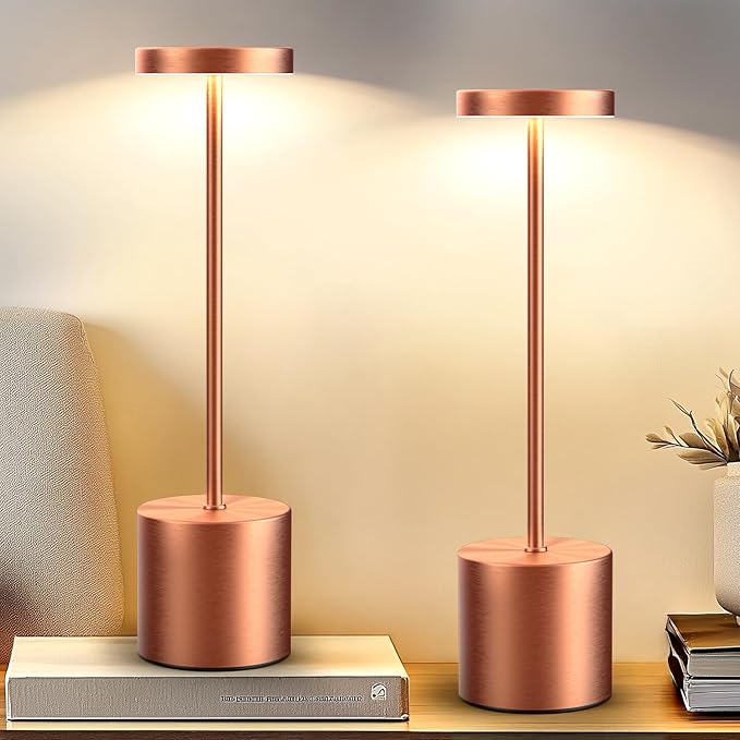 Cordless Table Lamp – 2 Pack Rechargeable Table Lamps, 5000mAh Battery Operated Lamp with 3-Color Dimmable Light, Outdoor Table Lamp for Bedroom, Restaurant, Patio, Home Décor (Rose Gold)