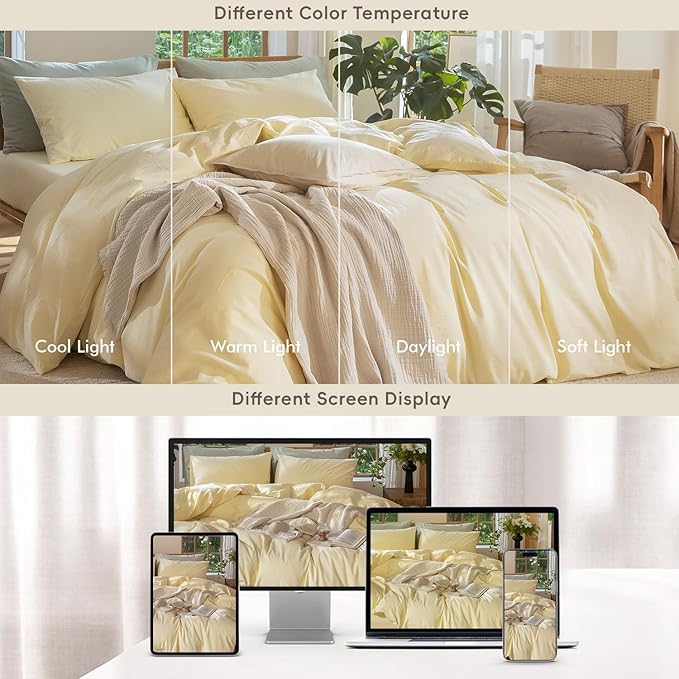 MooMee Bedding Duvet Cover Set 100% Washed Cotton Linen Like Textured Breathable Durable Soft Comfy (Heathered Butter Yellow, Twin 68"x90")