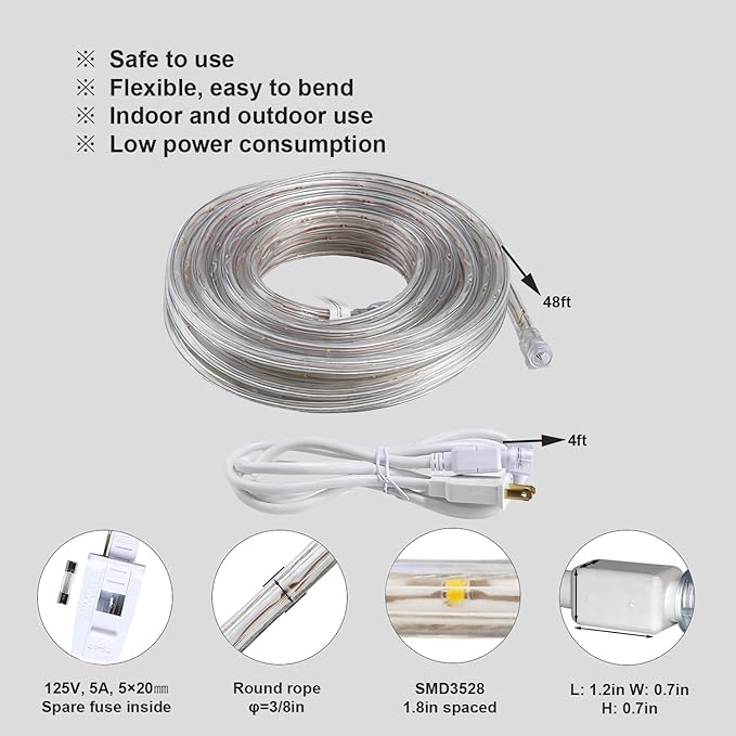 48ft White LED Rope Lights Outdoor Waterproof - 324 LEDs Christmas Rope Lights, 120V ETL Certified, Connectable to 192ft, w/24 Mounting Clips & Screws - Wedding & Home Decor