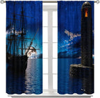 Pirate Ship Curtains, Nautical Sailboat Sailing Ocean Adventure Full Moon Cloudy Night Sky Old Lighthouse Print Blackout Window Treatments for Bedroom Living Room 42x45 Inch