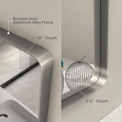 30x36 Brushed Silver Bathroom Mirror, Rounded Rectangle Silver Metal Frame Vanity Mirror for Wall, Brushed Nickel, Anti-Rust, Shatterproof (Horizontal/Vertical)