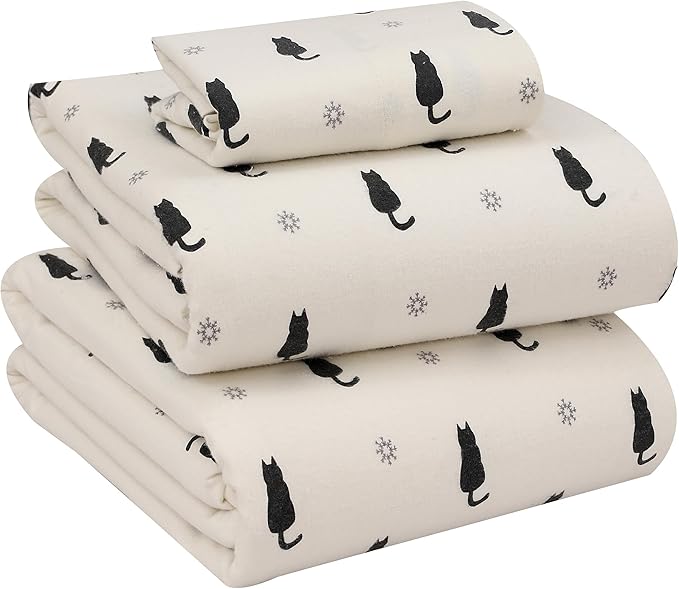 RUVANTI Flannel Sheets Twin Size - 100% Cotton Double Brushed Twin Sheets Set, Deep Pockets 16 Inches, All Seasons Breathable & Extra Soft Bed Sheets, Warm & Cozy, 3 Piece, Black Cat