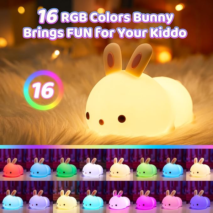 One Fire Bunny Toys for Kids Night Light for Kids, 16 Colors Cute Lamp, Soft Silicone Baby Night Light, 1200mAh Portable Dimmable Touch Lamps, Kawaii Room Decor, Christmas Gifts for College Girls