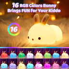 One Fire Bunny Toys for Kids Night Light for Kids, 16 Colors Cute Lamp, Soft Silicone Baby Night Light, 1200mAh Portable Dimmable Touch Lamps, Kawaii Room Decor, Christmas Gifts for College Girls