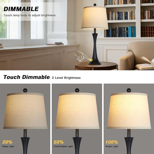 27.5" Table Lamps Set of 2, Touch Bedside Lamps with USB C+A Ports, 3 Way Dimmable Nightstand Lamps for Bedroom, Living Room, Office, Black Lamp with Beige Lampshade, Bulbs Included