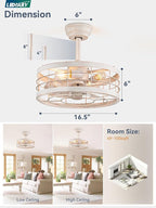 LEDIARY 16.5in Caged Ceiling Fan with Light, Fandelier Industrial Ceiling Fan with Remote, Rustic Metal Fan Lights Ceiling Fixtures for Kitchen, Farmhouse, Bedroom（6 Speed, Timing）-White and Gold
