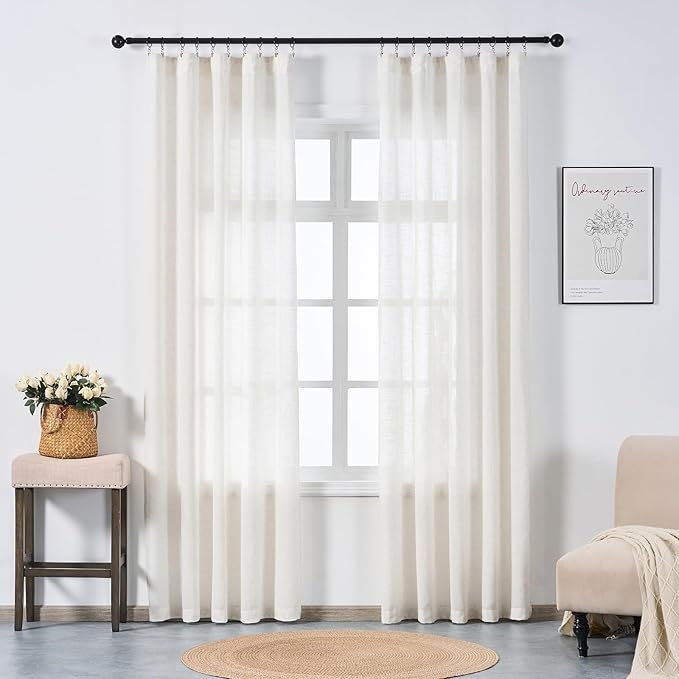Neutral Linen Semi Sheer Curtains 102 Inch Long, Cream Textured Light Filtering Drapes for Living Room, Modern Farmhouse Window Decor, Floor to Ceiling Pinch Pleat Curtain with Hooks