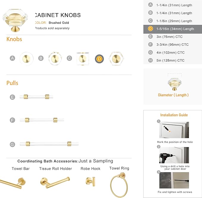 QOGRISUN 15-Pack Brass Crystal Cabinet Knobs,Glass Crystal Gold Drawer Knobs,1-5/16-Inch Hexagon,Decorative Dresser Pulls, Modern Cabinet Hardware