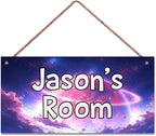 Personalized Sign Fantasy Aerospace Themed For Kids Room Nursery Door Decor,Custom Name Purple Star Wall Art Decor For Little Man Cave Decorative Plate for Boys Bedroom Girls Room