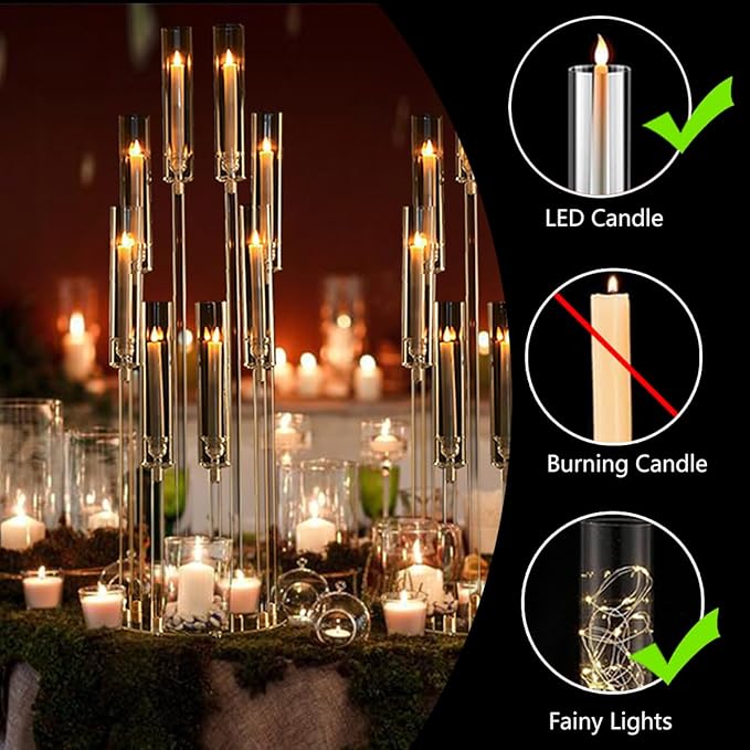 20PCS Acrylic Candelabras Centerpieces for Wedding,Clear 8 Arm Candlesticks Holder with Shade for Tall Valentines Day Party Christmas Halloween Centerpiece Event Candles,Fit 0.8" LED Candles