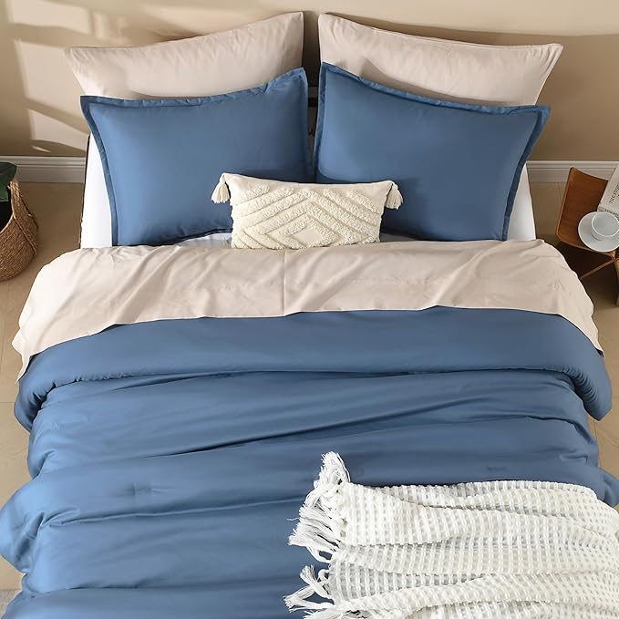 Litanika Haze Blue Oversized King Comforter Set Super King Plus Size, 3 Pieces Lightweight Solid Bedding Comforter Set, All Season Fluffy Bed Set (128x120In Comforter & 2 Pillowcases)