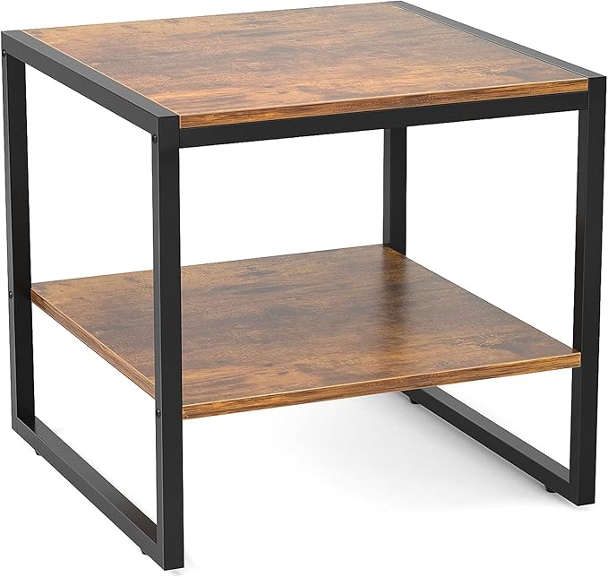 Homieasy End Table, 20 Inch Square End Table, Mini Fridge Stand with 2-Tier Storage Shelves, Industrial Wood Side Tables for Living Room, Rustic Brown