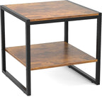 Homieasy End Table, 20 Inch Square End Table, Mini Fridge Stand with 2-Tier Storage Shelves, Industrial Wood Side Tables for Living Room, Rustic Brown