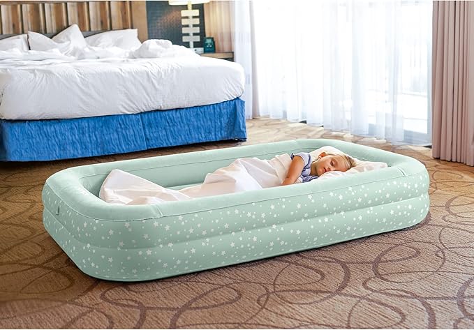 Intex Kids Travel Air Mattress Inflatable Bed with Raised Sides and Hand Pump - Portable Blow-Up Toddler Traveler Bed for Children's Naps or Sleep