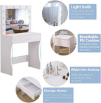 Vanity Table Set with Lighted Mirror - Makeup Vanity with Lights, Adjustable Brightness, Large Drawer Sturdy Wood Vanity, White 80x40x140cm