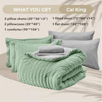 HYMOKEGE Sage Green/Light Grey California King Comforter Set Seersucker 7 Pieces, All Season Luxury Bed in a Bag for Bedroom, Bedding Set with Comforter, Sheets, Pillowcases & Shams