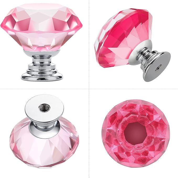 Ravinte 10 Pack Pink Crystal Knobs for Dresser Drawers Glass Cabinet Knobs Diamond Shaped Drawer Knobs - 30 mm Knobs with Silver Base