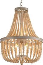 Q&S Farmhouse Wood Beaded Chandelier,Oak White 8-Lights Retro Vintage Antique Rustic Boho Pendant Light Fixture for Foyer Living Room Bedroom Kitchen Dining Room Office Nursery UL Listed