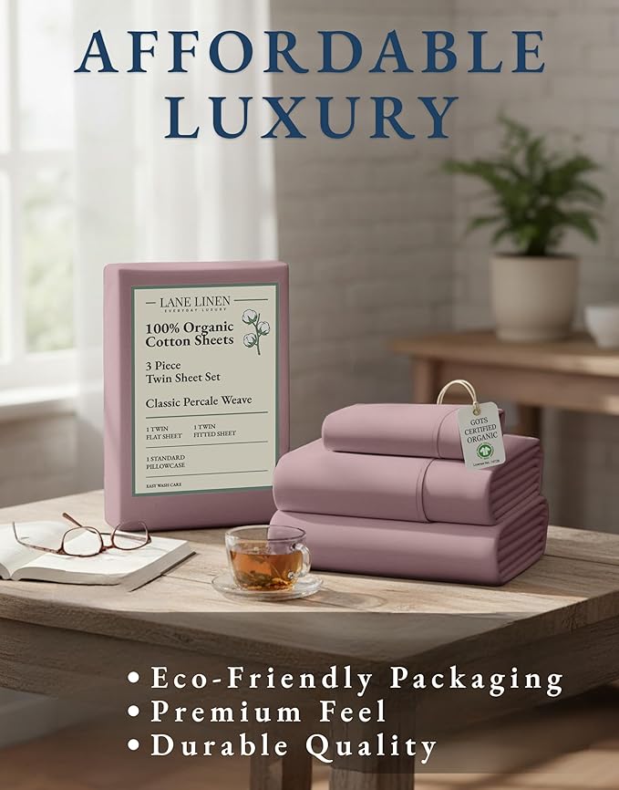 LANE LINEN Sustainable 100% Organic Cotton Twin Size Bed Sheets, Soft & Comfy Mercerized Fully Elasticized Naturally Cooling Machine Washable Twin Sheet Sets Cotton- Lilac