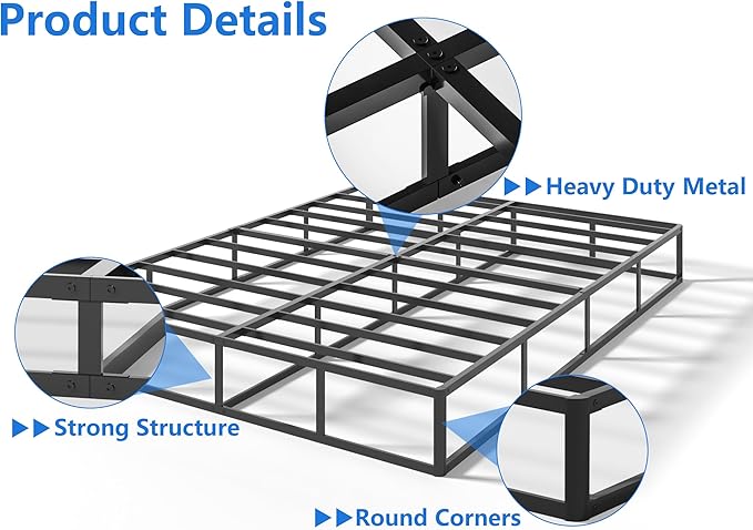 Qingzhou Box Spring for Queen Bed Bases, 9 Inch High Metal Queen Box Spring Only, Heavy Duty Mattress Foundation with Fabric Cover, Easy Assembly, Quiet Noise Free, Non Slip, Black