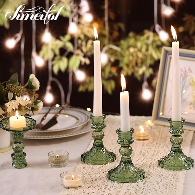 Glass Candle Holder Set of 12, Green Taper Candle Holders Bulk, Vintage Candlestick Holders, Candle Stick Holder for Table Centerpieces, Wedding, Festival & Home Decor