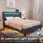 Rolanstar Bed Frame Queen Size with LED Lights and Charging Station, Upholstered Bed with Motion Activated Night Light and Wood Slats, Dark Grey