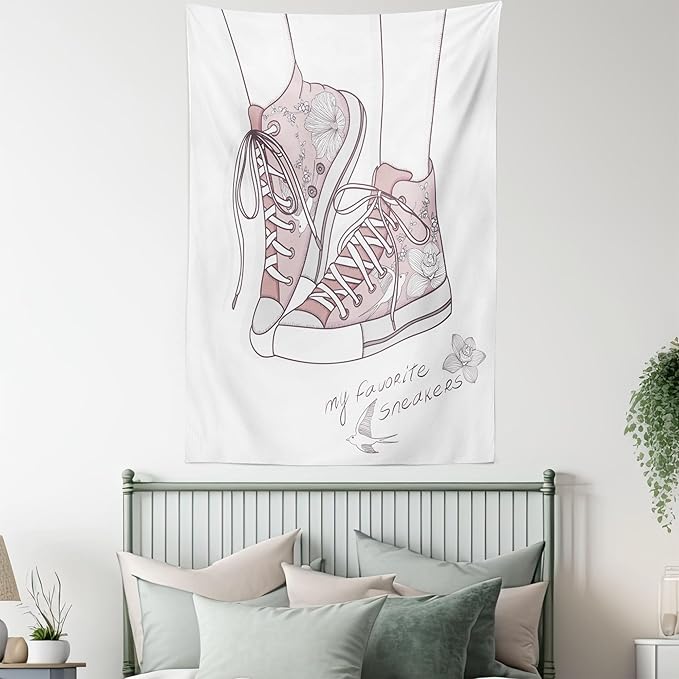 Lunarable Cartoon Tapestry, Shoes with Floral Pattern Teenage Girls Sneakers Flowers Birds Retro Urban, Wall Hanging for Bedroom Living Room Dorm Decor, 60" X 80", Rose White
