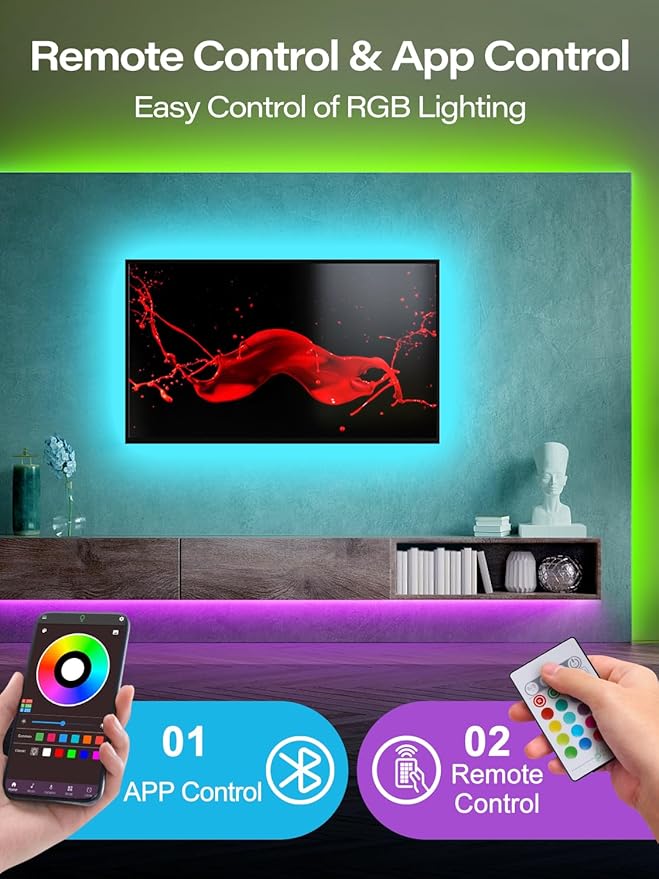 Led Lights for TV, 20ft TV Backlight for 32-80 Inch, USB Light Strip with Remote, App Control, RGB Strip Lights Music Sync Color Changing Led Lights for Bedroom, Gaming Accessories