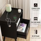 Mid Century Modern Nightstand with Charging Station, Bedside Tables with Glass Drawer, End Table Side Table with 2 Tiers Storage Space, for Bedroom, Living Room, Black