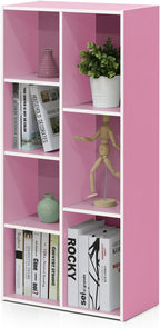 Furinno LUDER Book Shelf, 7-Cube Bookshelf, Bookcase, 9.4" x 19.5" x 41.7", for Living Room, Bedroom, Home Office, White/Pink