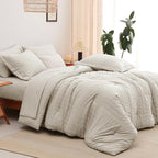 CozyLux Oversized Queen Comforter Set Beige Seersucker 7 Pieces 98x98 Bed in a Bag Comforter Set with Sheets, Luxury Soft Bedding Sets with Down Alternative Comforter, Sheets, Pillowcases & Shams