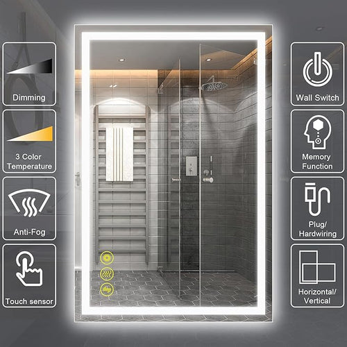 28x36 Inch Bathroom LED Mirror Lighted Bathroom Mirror LED Vanity Mirror with Lights Wall Mounted Anti-Fog Color Dimmable Mirror with Memory (Horizontal/Vertical)