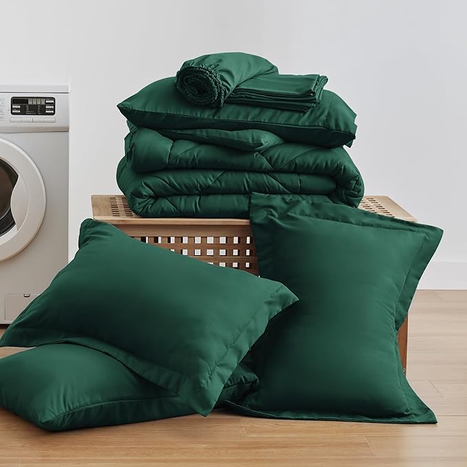 Love's cabin Queen Comforter Set Dark Green, 7 Pieces Queen Bed in a Bag, All Season Bedding Sets with 1 Comforter, 1 Flat Sheet, 1 Fitted Sheet, 2 Pillowcase and 2 Pillow Sham