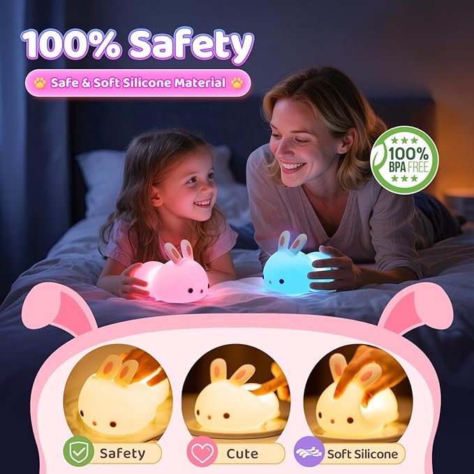 One Fire Bunny Toys for Kids Night Light for Kids, 16 Colors Cute Lamp, Soft Silicone Baby Night Light, 1200mAh Portable Dimmable Touch Lamps, Kawaii Room Decor, Christmas Gifts for College Girls