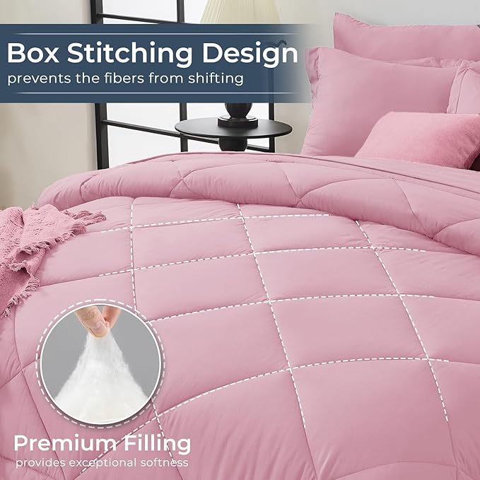 HEVUMYI Pink Twin Comforter Set - 5-Piece All Season Bed in a Bag Twin, Ultra Soft Bedding Set with Comforter, Flat Sheet, Fitted Sheet, Pillowcases, Pillow Shams, Pink