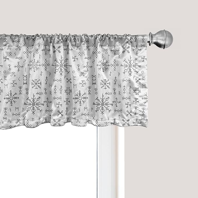 Ambesonne Nordic Window Valance Pack of 2, Viking Runes and Talismans Scandinavian Symbols with The Futhark Alphabet, Rod Pocket Curtain Valances for Kitchen Bedroom, 54" X 18", Dark Grey and White