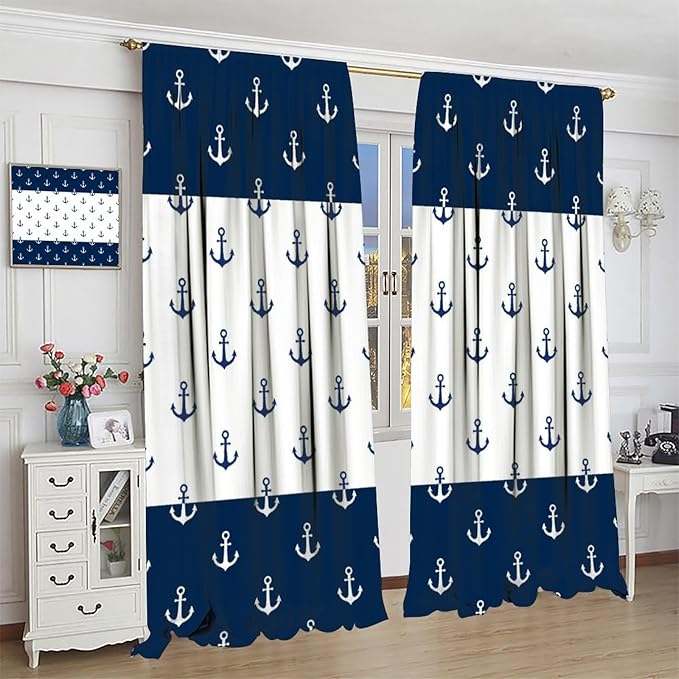 Anchor Pattern Curtains, Nautical Theme Navy Blue White Anchor Sea Life Adventure Print Blackout Window Treatments for Living Room Boys Men's Bedroom 84x84in