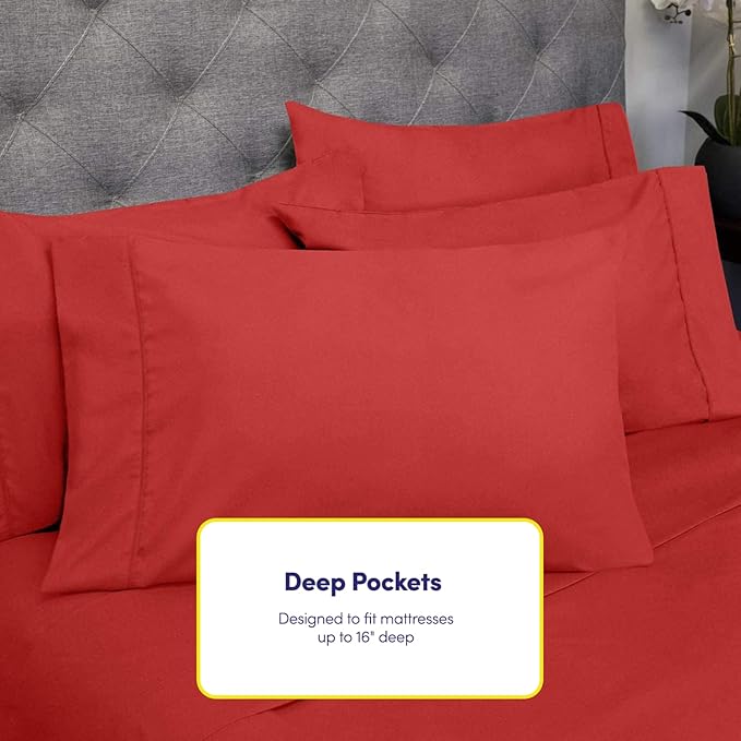 Full Size Bed Sheets - 6 Piece 1500 Supreme Collection Fine Brushed Microfiber Deep Pocket Full Sheet Set Bedding - 2 Extra Pillow Cases, Great Value, Full, Samba Red