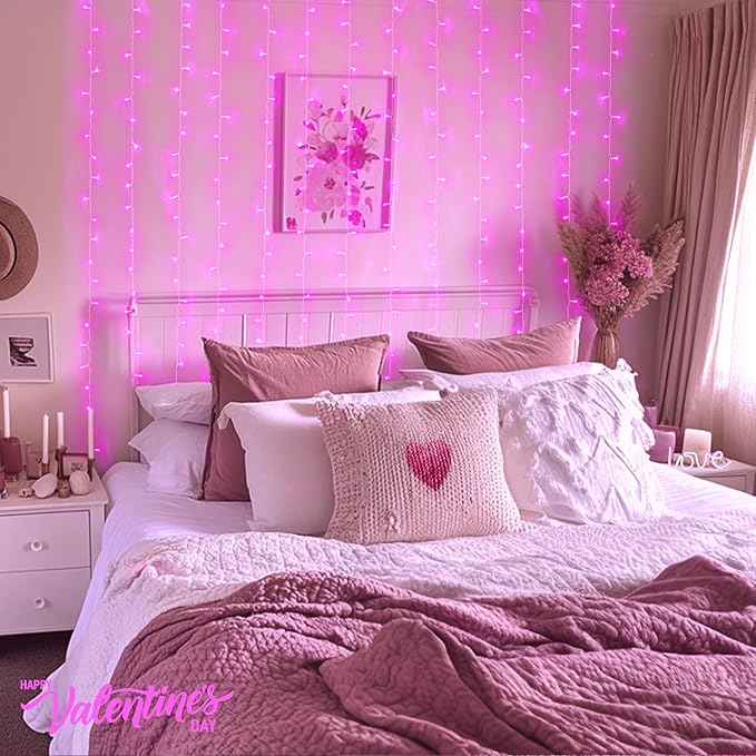 JMEXSUSS 300 LED Curtain Lights Plug in with Remote, 9.8X9.8FT Pink Christmas Lights Indoor, 8 Modes Pink String Lights for Bedroom Window Wall Party Backdrop Xmas Valentine Decorations