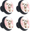 4 Pieces Drawer Knobs Puppy Dog with Flowers on Pink Background 35mm Black Base Dresser Knobs Closet Door Cabinet Hardware Handles Pulls for Kitchen Bedroom Cupboard