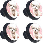 4 Pieces Drawer Knobs Puppy Dog with Flowers on Pink Background 35mm Black Base Dresser Knobs Closet Door Cabinet Hardware Handles Pulls for Kitchen Bedroom Cupboard