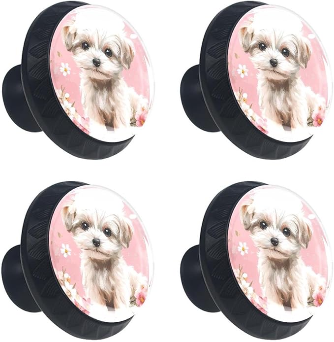 4 Pieces Drawer Knobs Puppy Dog with Flowers on Pink Background 35mm Black Base Dresser Knobs Closet Door Cabinet Hardware Handles Pulls for Kitchen Bedroom Cupboard